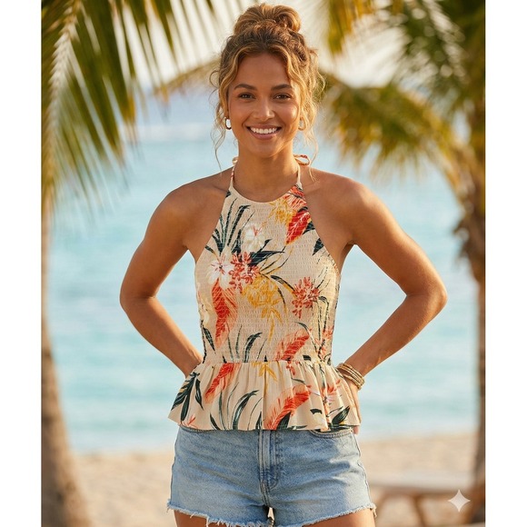 Patrons of Peace Tops - Patrons of Peace Floral Smocked Top Size S Tropical Peplum Tank Boho Backless